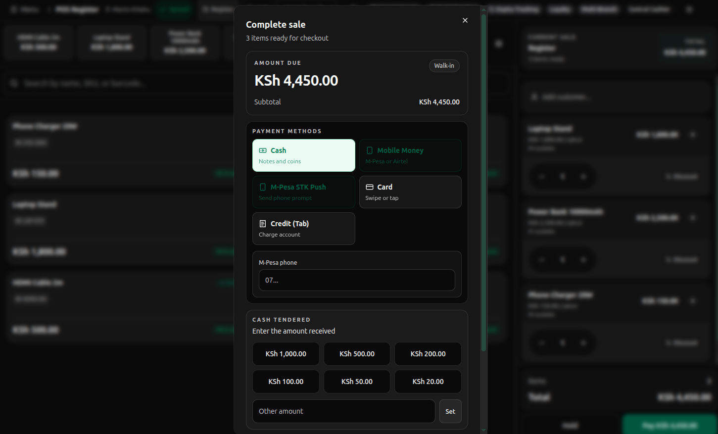 DukaDesk payment screen with multiple tender options