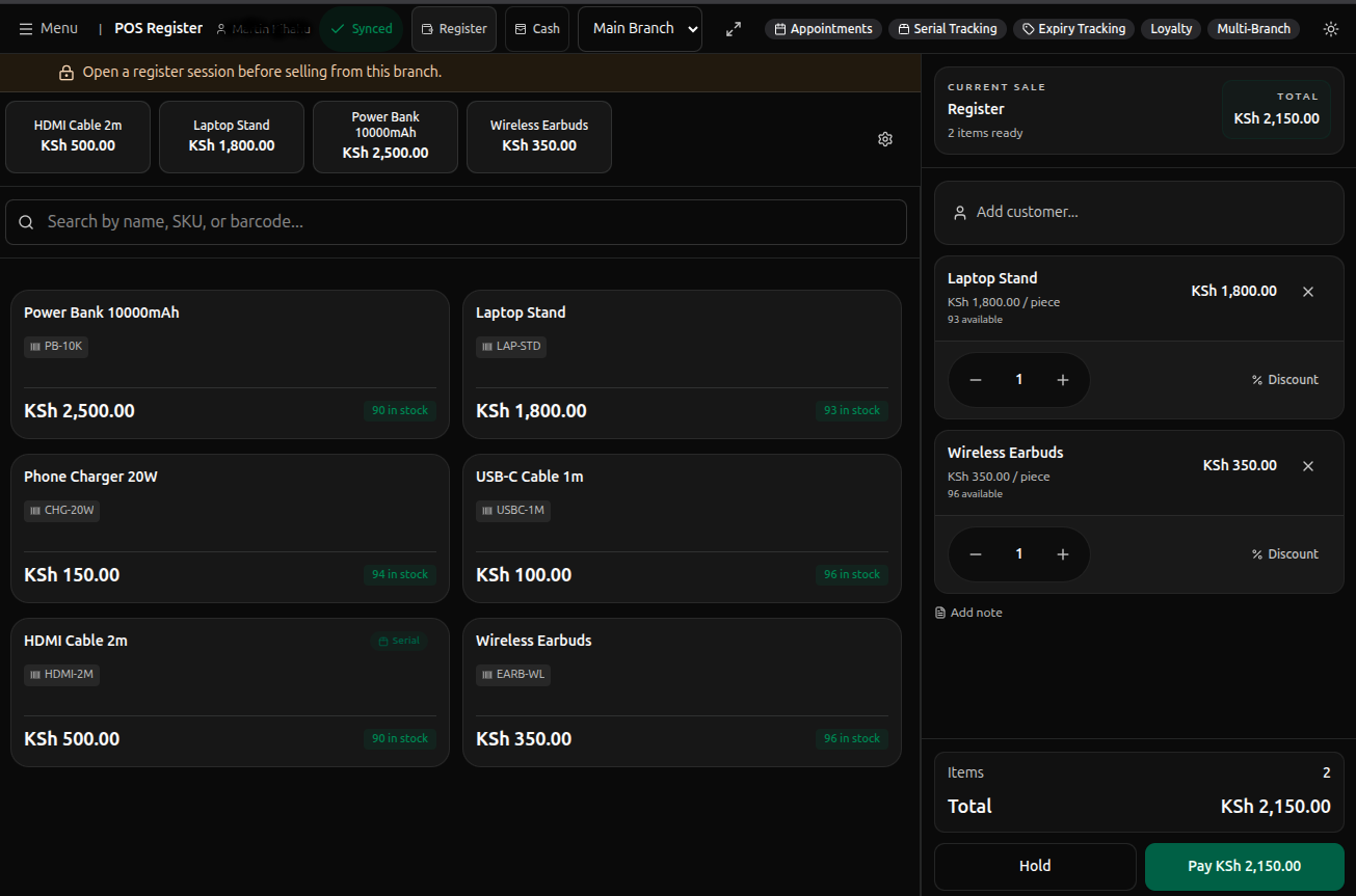 DukaDesk POS register showing products, stock, and a current sale